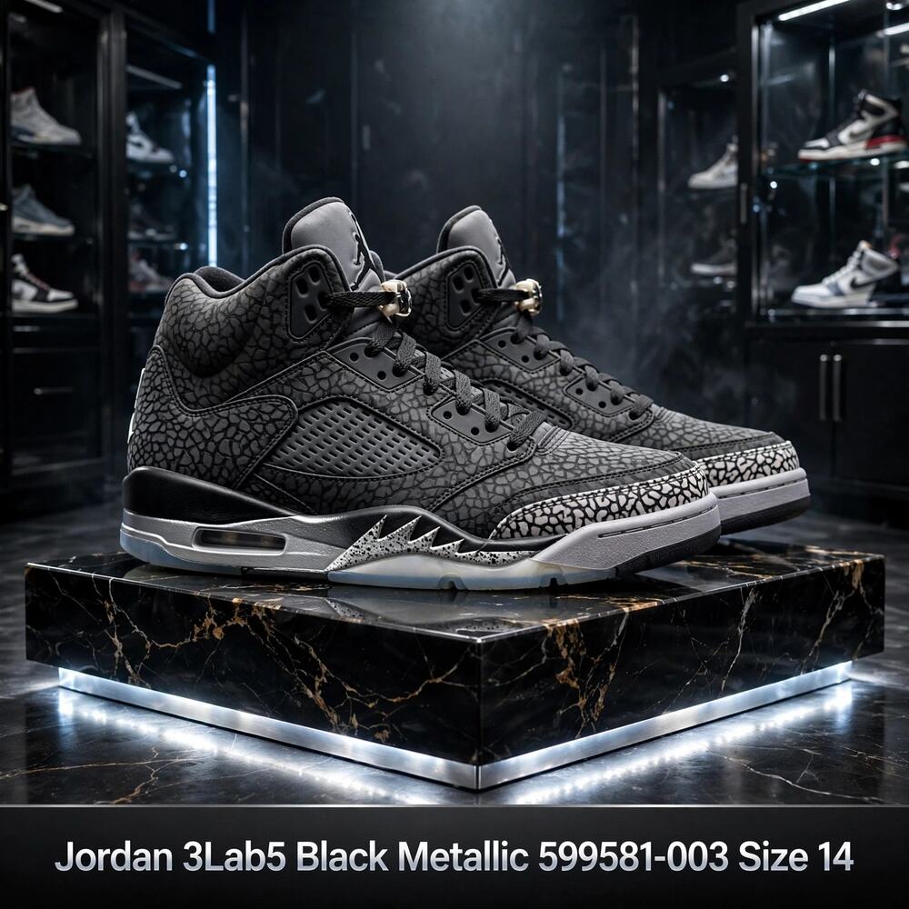 Size 14 - Air Jordan 3Lab5 Black Metallic Silver 599581-003 Elephant Print 5s